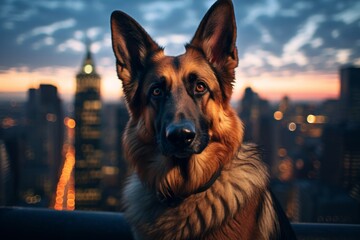 Portrait of a cute german shepherd over vibrant city skyline