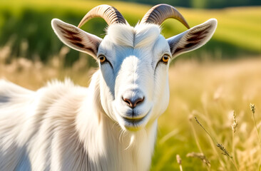 Fototapeta premium White goat grazing in a summer field on a sunny afternoon