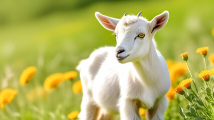 Obraz premium White kid grazing on a summer field with flowers on a sunny day