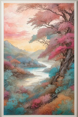 watercolor sunset over the river, purple and yellow color, mountains and trees, dreamy landscape