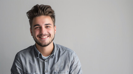 Obraz premium A happy millennial man in a casual shirt, confidently smiling against a solid grey background