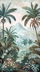 Tropical forest landscape wallpaper design - Mural wallpaper - 3D illustration. AI generated illustration