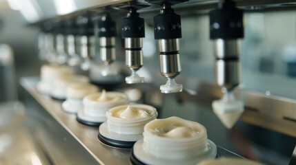 Automated cosmetic tube filler close-up, high-precision nozzles dispensing cream in industrial setting.