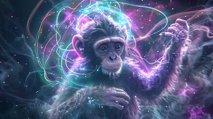 In a cosmic galaxy filled with glowing stardust and ethereal waves, an enchanted primate explores the universe