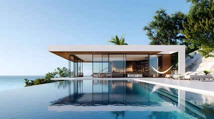 A sleek beachfront bungalow at Coral Bay, featuring glass facades and polished wood, infinity pool, hammocks, clear skies, contemporary coastal architecture, embodying simplicity.