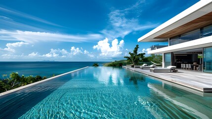 Fototapeta premium A sleek beachfront bungalow at Coral Bay, featuring glass facades and polished wood, infinity pool, hammocks, clear skies, contemporary coastal architecture, embodying simplicity.