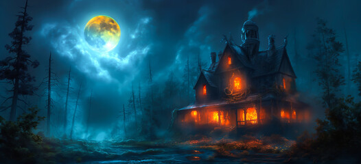 Fototapeta premium spooky haunted house in the moonlight and ghostly figures hanging around it, surrounded by foggy trees and bats flying, rendered in the style of an oil painting for a classic Halloween theme.