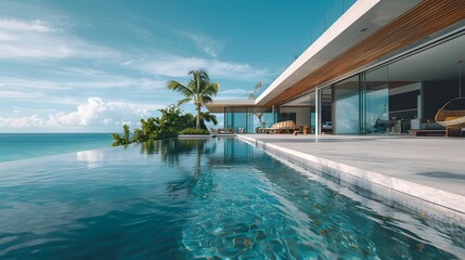 A sleek beachfront bungalow at Coral Bay, featuring glass facades and polished wood, infinity pool, hammocks, clear skies, contemporary coastal architecture, embodying simplicity.