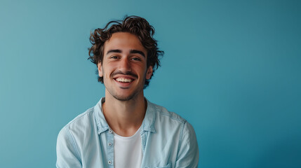 Obraz premium A happy millennial man wearing a casual shirt, confidently smiling at the camera against a solid blue background