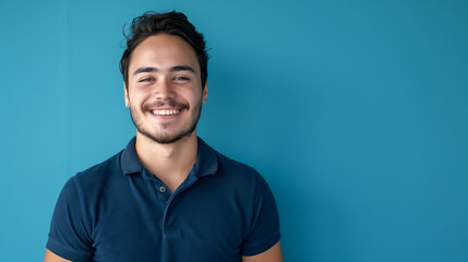 Obraz premium A happy millennial man wearing a polo shirt, confidently smiling at the camera against a solid blue background