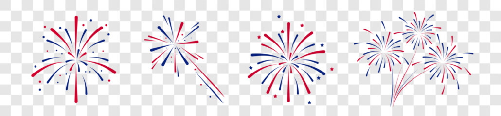  Fireworks Fourth of July.Set of fireworks with a red and blue stars and sparks . United states of america independence day fireworks. Red, blue fireworks for 4th of July .