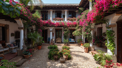 A beautiful patio with colorful bougainvillea in the style of Spanish colonial architecture and bohemian-inspired style.