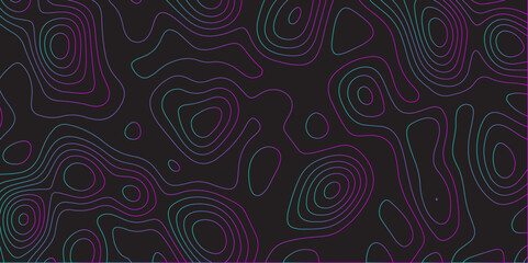 Abstract black colorful gradient Topographic line map pattern background. Contour elevation topographic and textured Background Modern design with black background topographic wavy Patte, vector.	