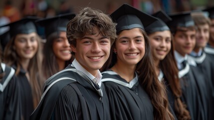 Fototapeta premium The group of young graduates is smiling and having fun with their friends