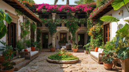 Fototapeta premium A beautiful patio with colorful bougainvillea in the style of Spanish colonial architecture and bohemian-inspired style.