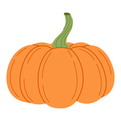 Ripe orange pumpkin. Hand drawn trendy flat style isolated on transparent background. Organic food, Autumn Harvest, Thanksgiving, halloween concept. Healthy vegetarian menu. Vector illustration