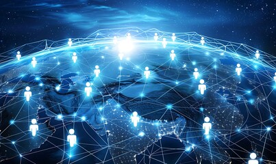 network of interconnected digital avatars spanning the globe, overlaid on a glowing blue Earth