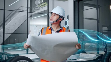 Asian Male Engineer With Safety Helmet Looking At Blueprint In His Hands And Looking Around While Standing With Concept of Electric Vehicle, High-tech Industrial Facility