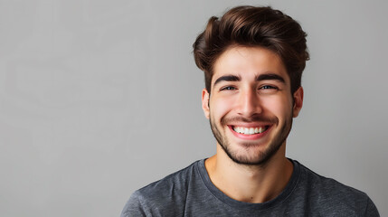 Fototapeta premium A happy millennial man with a confident smile, isolated on a solid grey background