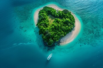 stock AI view of a small beautiful island paradise and yacht boat for summer travel concept