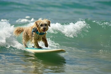 Adorable pet dog enjoying an exciting surfing adventure. Riding waves on a surfboard in the ocean. Showcasing impressive balance and agility while engaging in active water sports and playful tricks