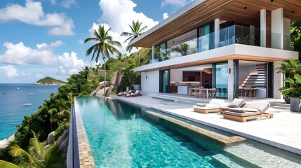 Fototapeta premium An elegant modern villa with large terraces overlooking the sea, white walls and wooden accents, featuring outdoor seating areas for relaxation, an infinity pool with clear blue water.