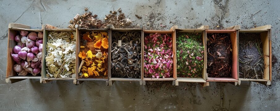Educational setup illustrating composting process from raw materials to finished product through various stages.
