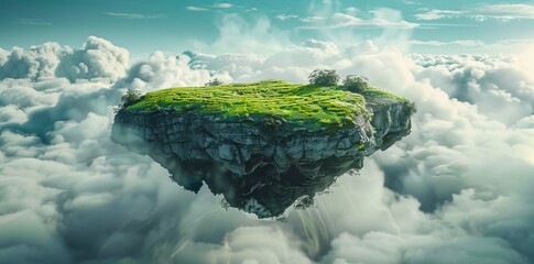 A 3D rendered and isolated parcel of land covered in verdant turf and dirt. The expanse is barren and the terrain consists of flying meadows.