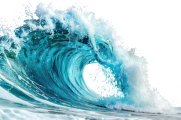 Powerful cresting water wave with dynamic splashes on a transparent background.