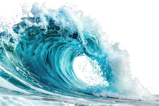 Powerful cresting water wave with dynamic splashes on a transparent background.
