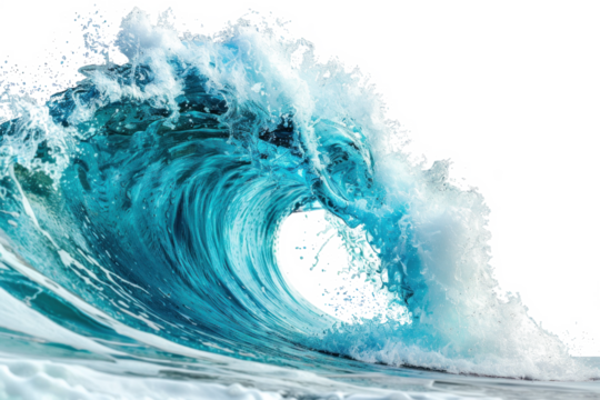 Powerful cresting water wave with dynamic splashes on a transparent background.