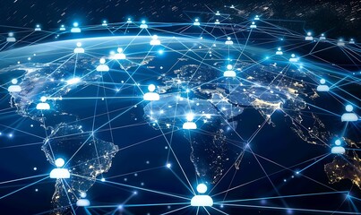 Fototapeta premium network of interconnected digital avatars spanning the globe, overlaid on a glowing blue Earth