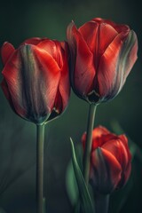 An isolated bouquet of red tulips in vibrant tints with green leaves on a blurry background. Graphic illustration of fresh spring tulip flowers. Stock.