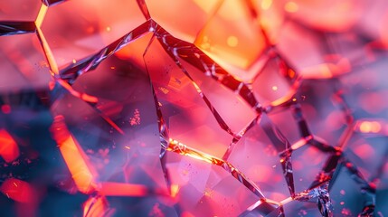 Fototapeta premium Close-up of abstract geometric pattern with vibrant red and blue colors. Crystal-like structures and reflective surfaces create a dynamic visual effect.
