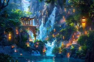 Obraz premium It is a breathtaking high-definition view featuring cascading waterfalls, lush vegetation, and exotic, fantastical creatures on a surreal floating island.