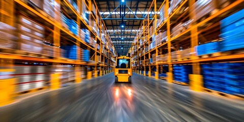 Dynamic warehouse operations with shelves, goods, pallets, forklifts, and logistics in motion. Concept Warehouse Management, Inventory Control, Logistics Operations, Forklift Movement, Pallet Storage