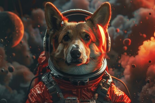 Digital illustration of a corgi dog in an astronaut suit against a cosmic background with planets