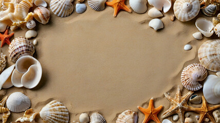 Fototapeta premium A sandy background adorned with sea shells providing ample room for a copy space image. Top views background Ai generative.