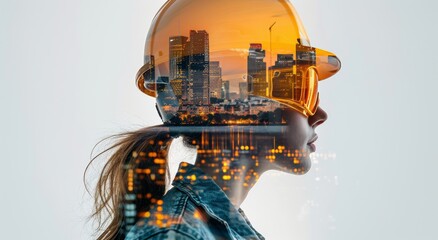 Woman in Hard Hat With City Skyline Superimposed at Sunset