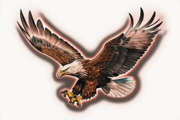 Obraz premium Realistic eagle tattoo with detailed feathers and fierce expression, mid-flight with UV ink glow on a white background