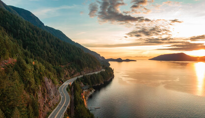 Sea to Sky Highway on West Coast of Pacific Ocean. Cloudy Sunset Sky.