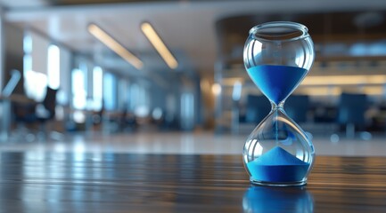 Blue Hourglass on Glass Table in Modern Office Setting