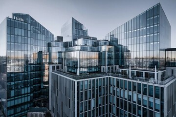 Stunning aerial view of Moncton's new glass-paneled office building, reflecting the city's vibrant life and urban sophistication.