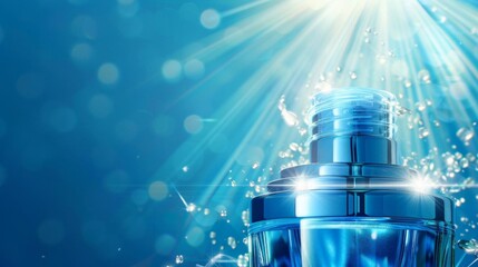 3D illustration of natural ingredient cosmetic ads The blue package design is prominently displayed against a matching blue background