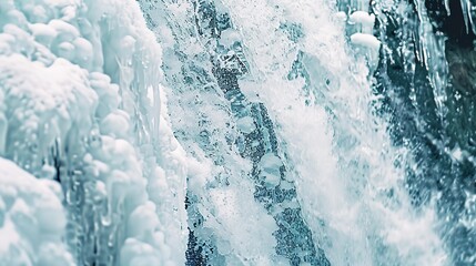 Close-up of frozen waterfall, bright midday light, layered and textured with flowing ice.