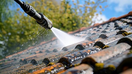 Professional cleaning service using pressure washer to effectively clean house roof, showcasing superior cleaning capability through close-up action shot.
