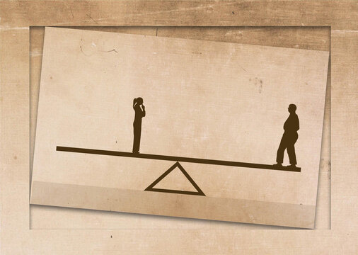 Physics makes no sense in this 3-d ilustration of people on a seesaw where the heavy man should lift the little woman but isn't and the whole thing is crooked and odd.