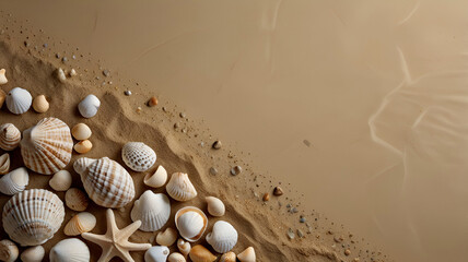 A sandy background adorned with sea shells providing ample room for a copy space image. Top views background Ai generative.