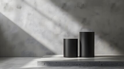 Two sleek black cylindrical pedestals positioned in a harmonious layout, backdrop with subtle shadow play and soft lighting. a sophisticated stage for showcasing jewelry or high-end electronics.