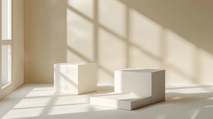 Two white cube podiums were arranged in an aesthetically pleasing composition against a soft beige background with subtle shadows and highlights.